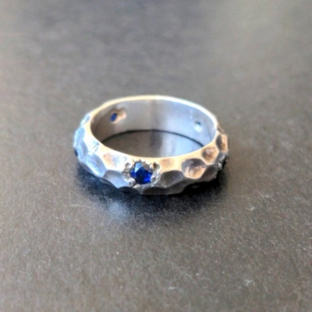 Vintage 925 sterling silver handmade ring with blue stones, unisex, size 6-6.25